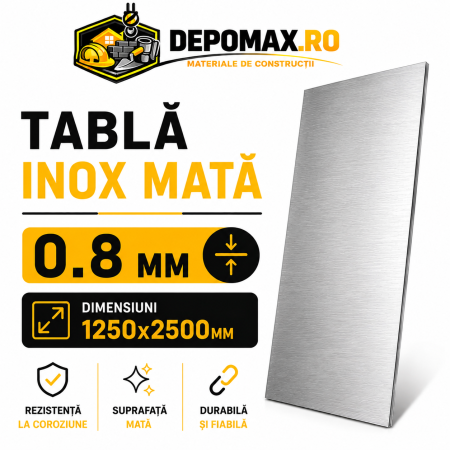 Tabla inox mata AISI 304 2B, 0.8 x 1250 x 2500 mm, 3.125 mp